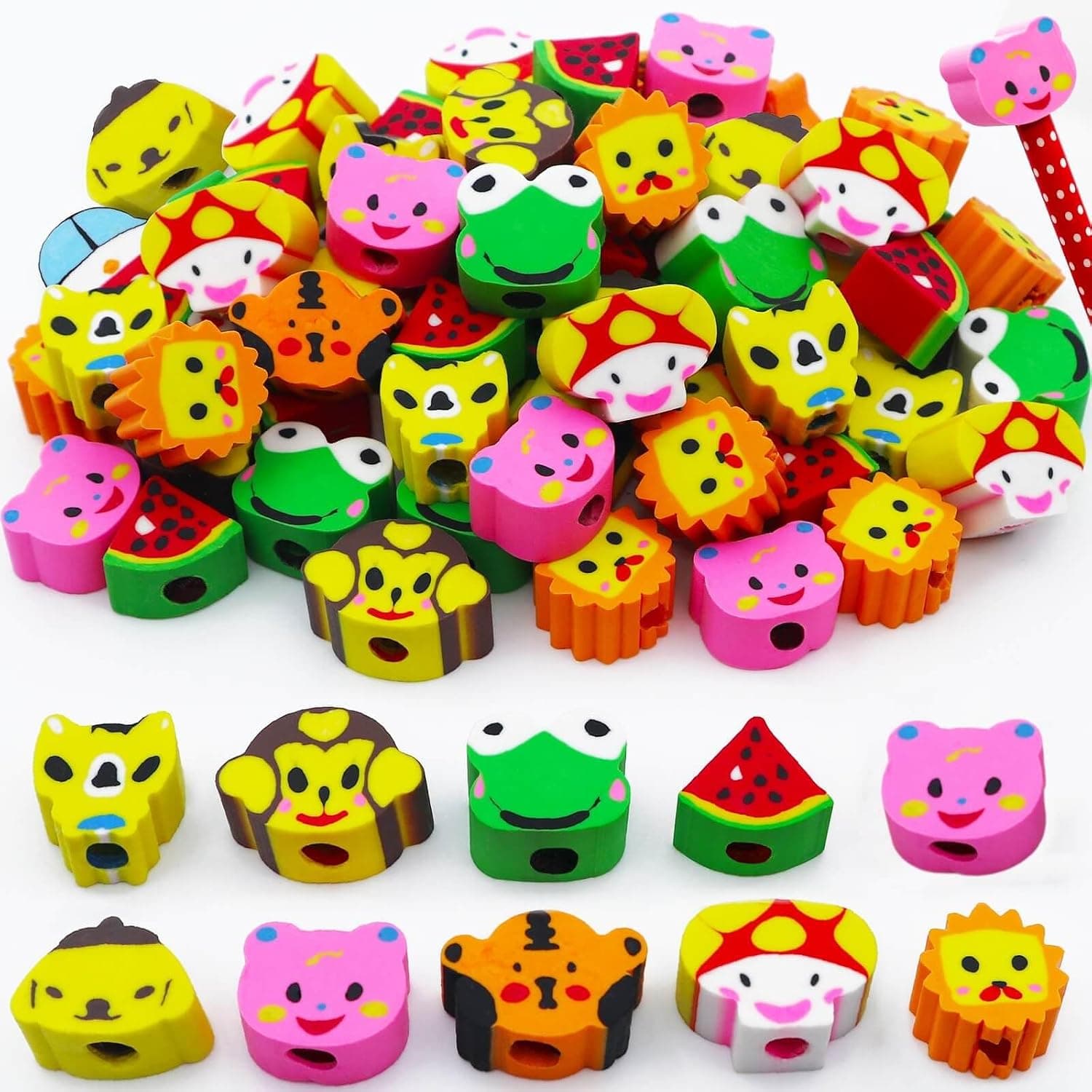 Ospvcwk Fruit and Animal Pencil Top Erasers, 50 Pack